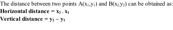 The distance between two points A(x1,y1) and B(x2,y2) can be obtained as: Horizontal distance = x2 – x1 Vertical distance = y2 – y1