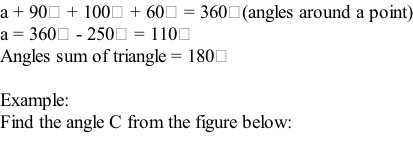 a + 90⁰ + 100⁰ + 60⁰ = 360⁰(angles around a point) a = 360⁰ - 250⁰ = 110⁰ Angles sum of triangle = 180⁰  Example: Find the angle C from the figure below:
