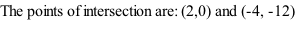 The points of intersection are: (2,0) and (-4, -12)