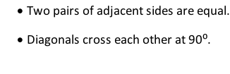 	Two pairs of adjacent sides are equal. 	Diagonals cross each other at 90⁰.