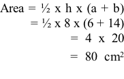 Area = ½ x h x (a + b)          = ½ x 8 x (6 + 14)           = 4 x 20           = 80 cm2