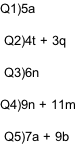 Q1)5a   Q2)4t + 3q   Q3)6n  Q4)9n + 11m   Q5)7a + 9b
